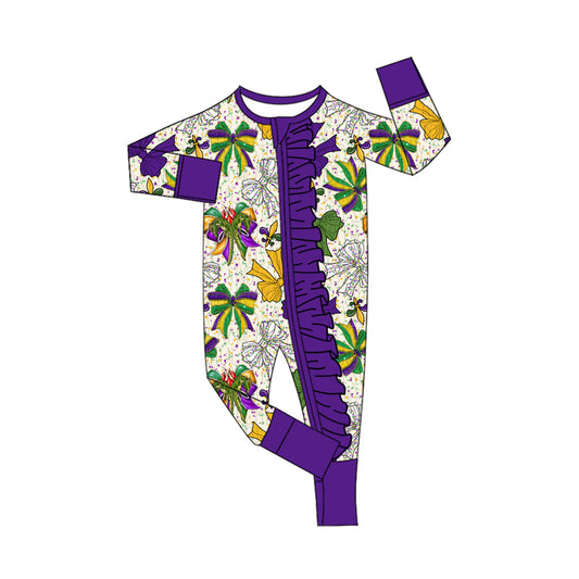 preorder LR2650 Mardi Gras purple/green/yellow bows zipper long sleeve girls romper