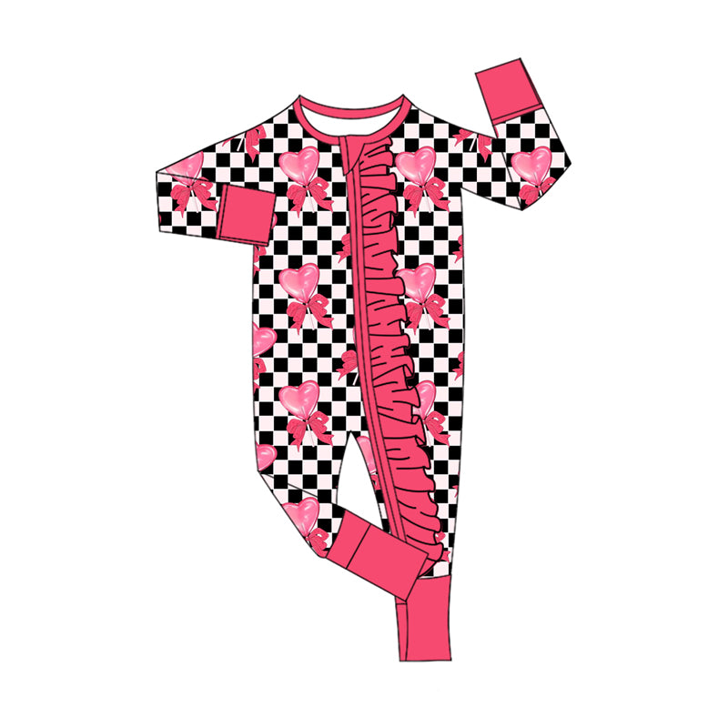 preorder LR2651 Valentine's Day heart bwos black checkered zipper long sleeve girls romper