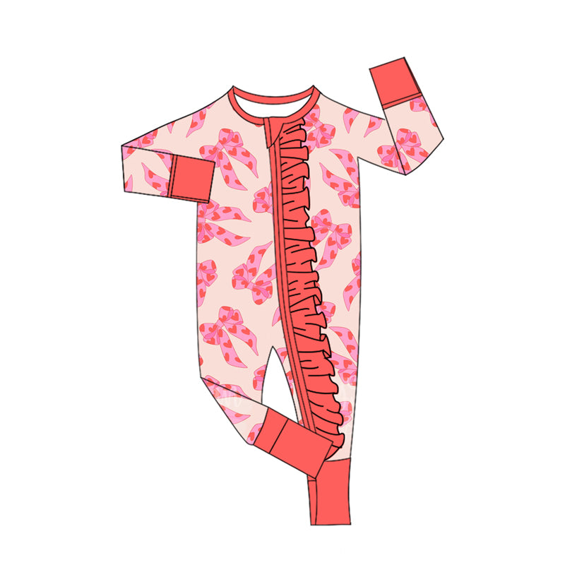 preorder LR2652 Valentine's Day heat bows pink zipper long sleeve girls romper