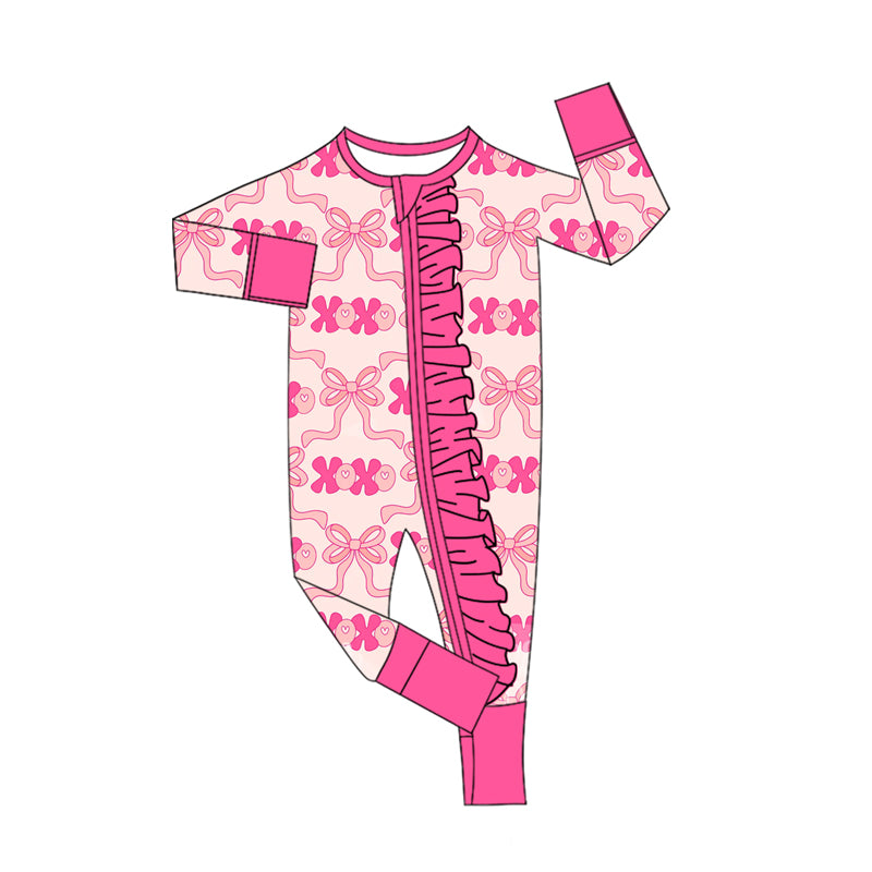 preorder LR2653 Valentine's Day XOXO bows hot pink zipper long sleeve girls romper