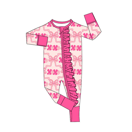preorder LR2653 Valentine's Day XOXO bows hot pink zipper long sleeve girls romper
