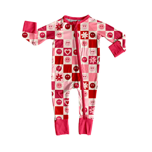 preorder LR2656 Valentine's Day red/hot pink smile heart checkered zipper long sleeve girls romper