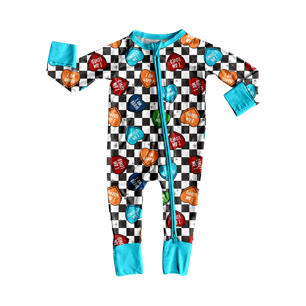preorder LR2657 Valentine's Day i am loved black checkered blue zipper long sleeve boys romper