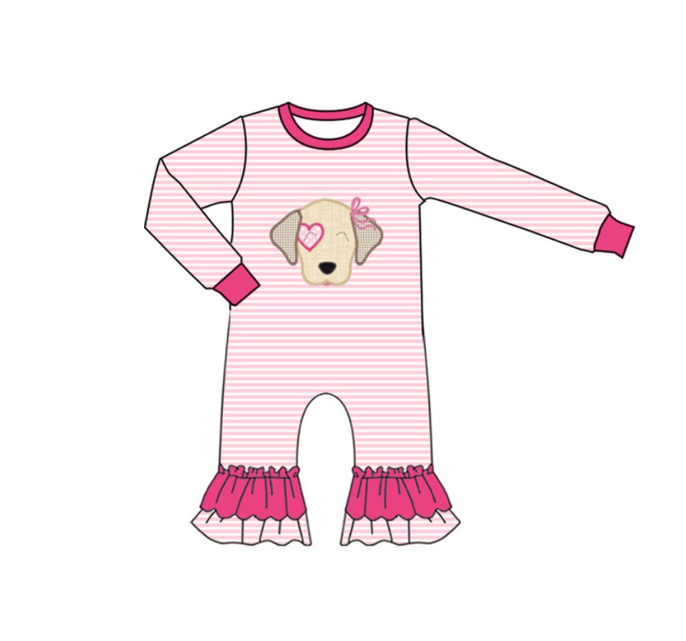 preorder LR2660 Valentine's Day heart dog pink striped long sleeve girls romper
