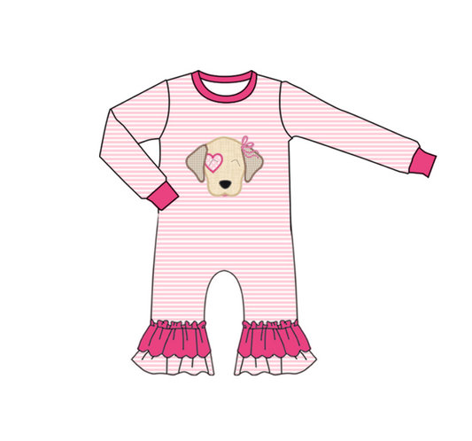 preorder LR2660 Valentine's Day heart dog pink striped long sleeve girls romper