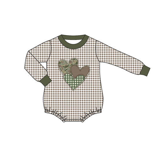 preorder LR2662 Valentine's Day heart camo long sleeve checkered boys romper