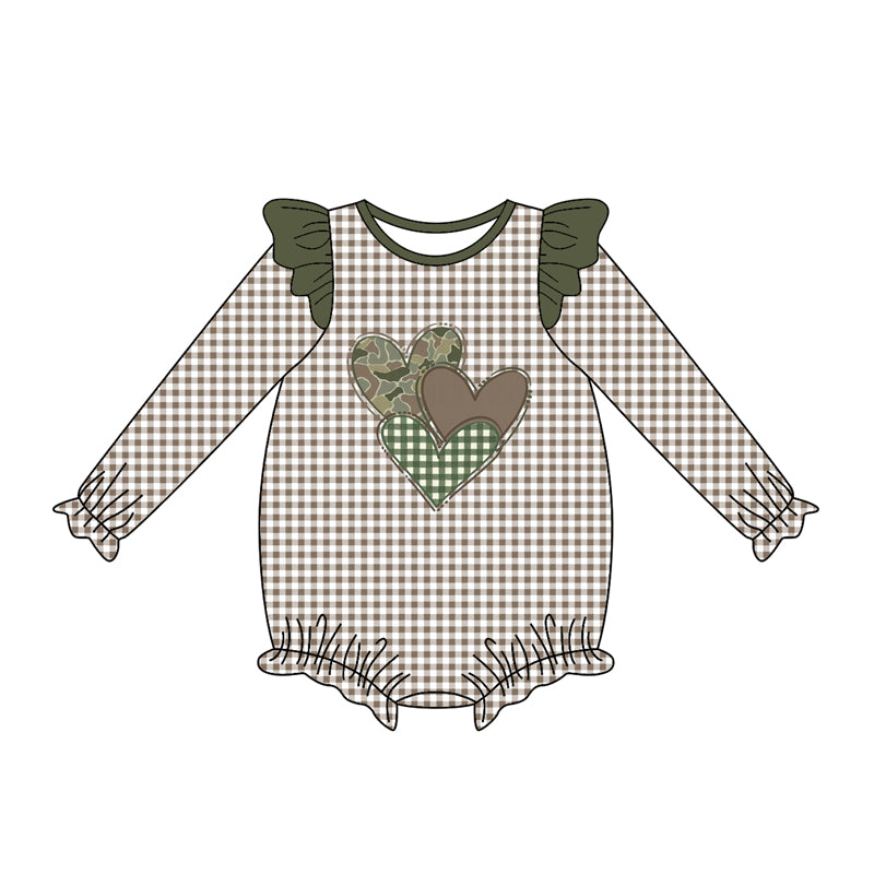 preorder LR2663 Valentine's Day heart camo long sleeve checkered girls romper