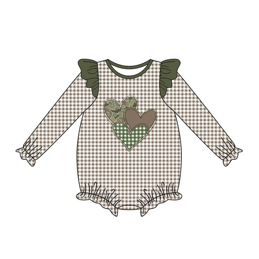 preorder LR2663 Valentine's Day heart camo long sleeve checkered girls romper