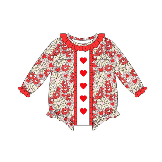 preorder LR2665 Valentine's Day heart flowers red long sleeve girls romper