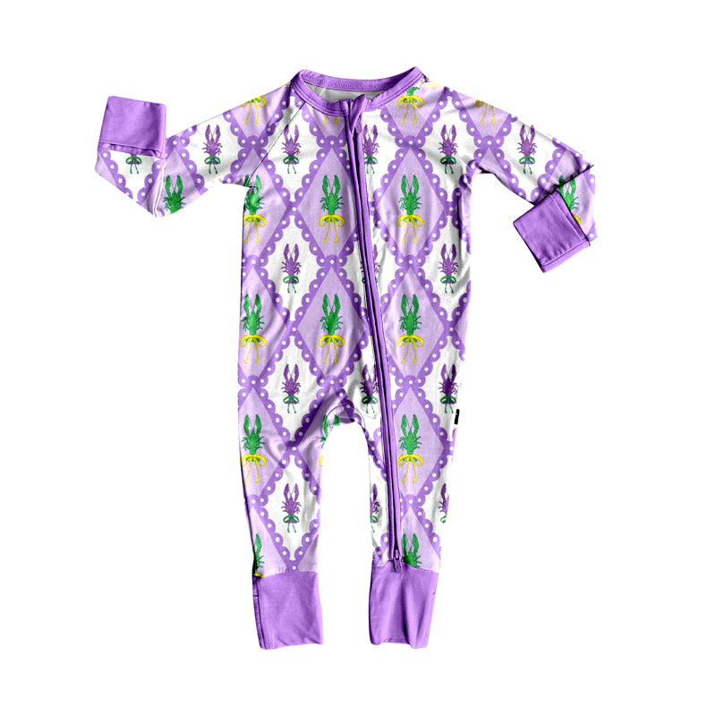 preorder LR2667 Mardi Gras purple crayfish zipper long sleeve girls romper