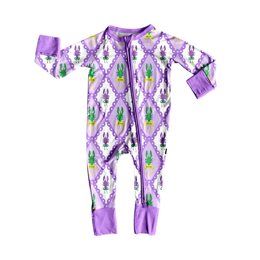 preorder LR2667 Mardi Gras purple crayfish zipper long sleeve girls romper