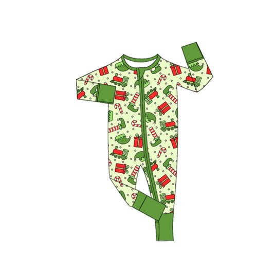 preorder LR2670 Christmas elf cane candy green zipper long sleeve boys romper