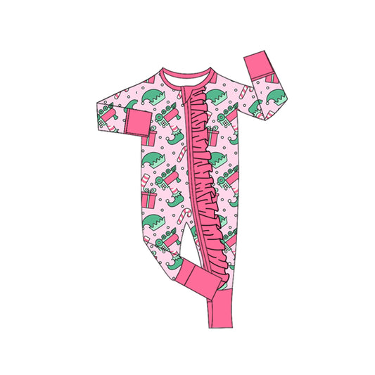 preorder LR2671 Christmas elf cane candy pink zipper long sleeve girls romper