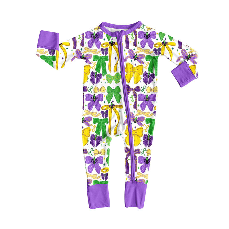 preorder LR2673 Mardi Gras yellow green purple bows zipper long sleeve boys romper