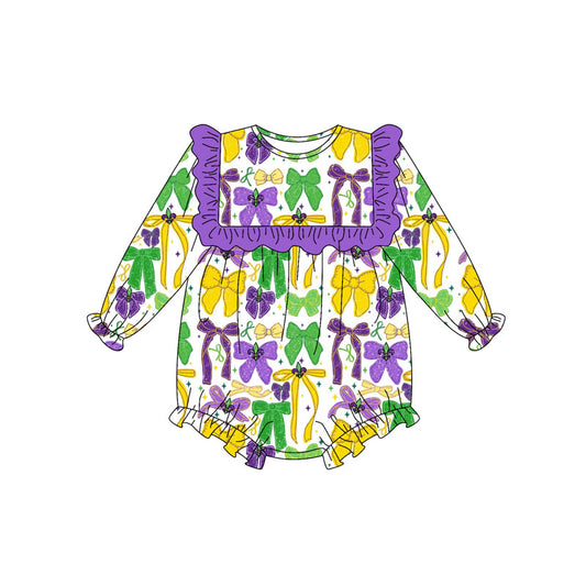 preorder LR2674 Mardi Gras yellow green purple bows long sleeve girls romper
