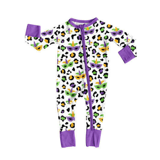 preorder LR2676 Mardi Gras yellow green purple leopard zipper long sleeve girls romper