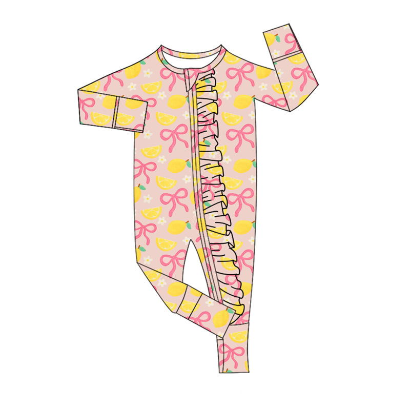 preorder LR2687 lemon pink bows flowers pink zipper long sleeve girls romper
