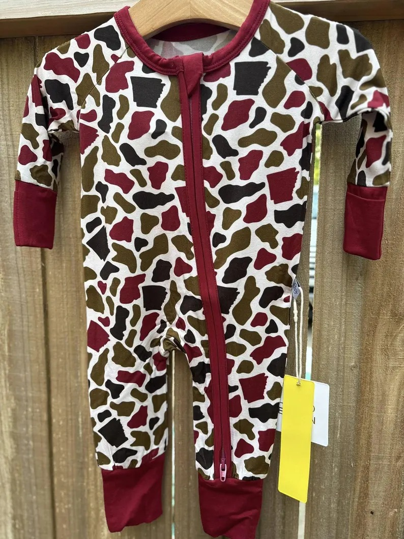 preorder LR2693 hunting maroon camo zipper long sleeve boys romper
