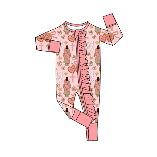 preorder LR2697 Easter cross heart bows flowers pink zipper long sleeve girls romper