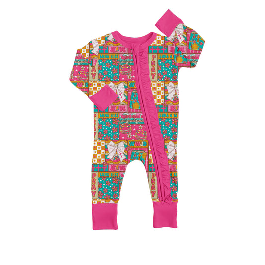 preorder LR2698 Easter cross bows flowers hot pink zipper long sleeve girls romper