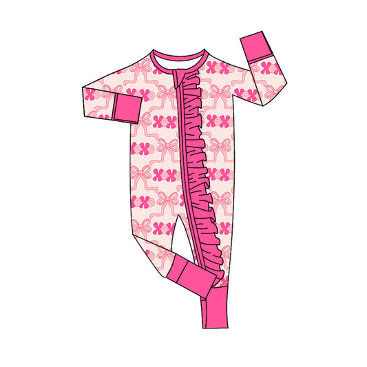 preorder LR2699 Valentine's Day XOXO pink bows zipper long sleeve girls romper