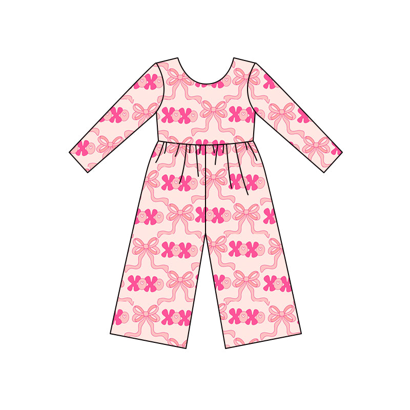 preorder LR2700 Valentine's Day XOXO bows pink long sleeve girls jumpsuits