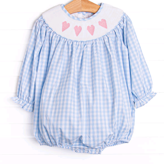 preorder LR2701 Valentine's Day heart blue checkered long sleeve girls romper