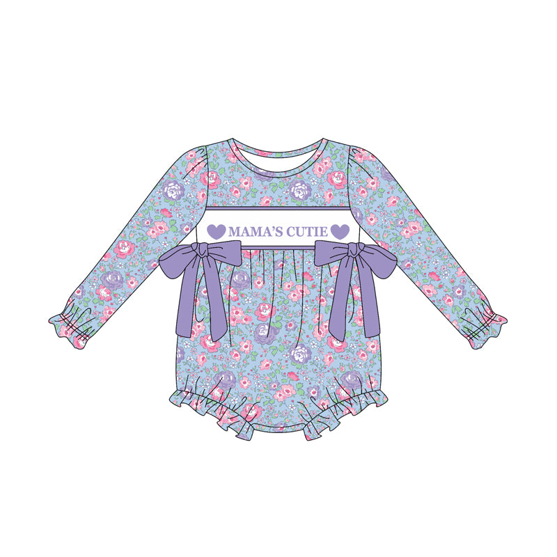 preorder LR2702 mama's cutie purple heart flowers floral bows long sleeve girls romper