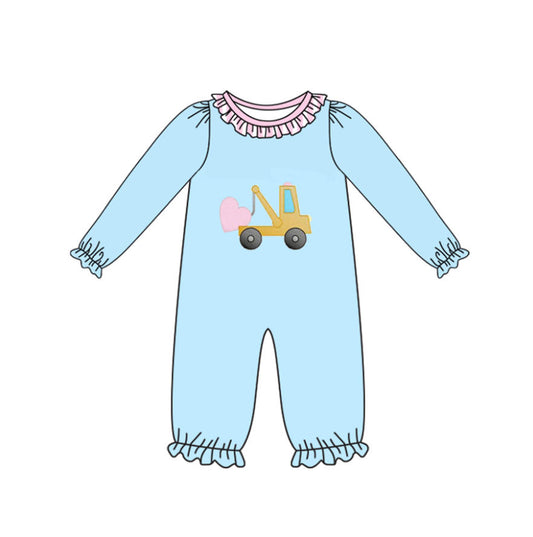 preorder LR2718 Valentine's Day heart construction truck blue long sleeve girls romper