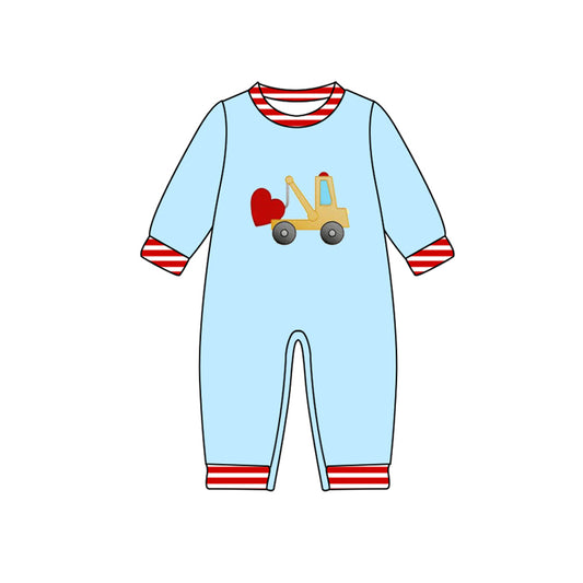 preorder LR2719 Valentine's Day heart construction truck blue long sleeve boys romper