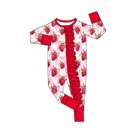 preorder LR2723 Valentine's Day strawberry bows red zipper long sleeve girls romper