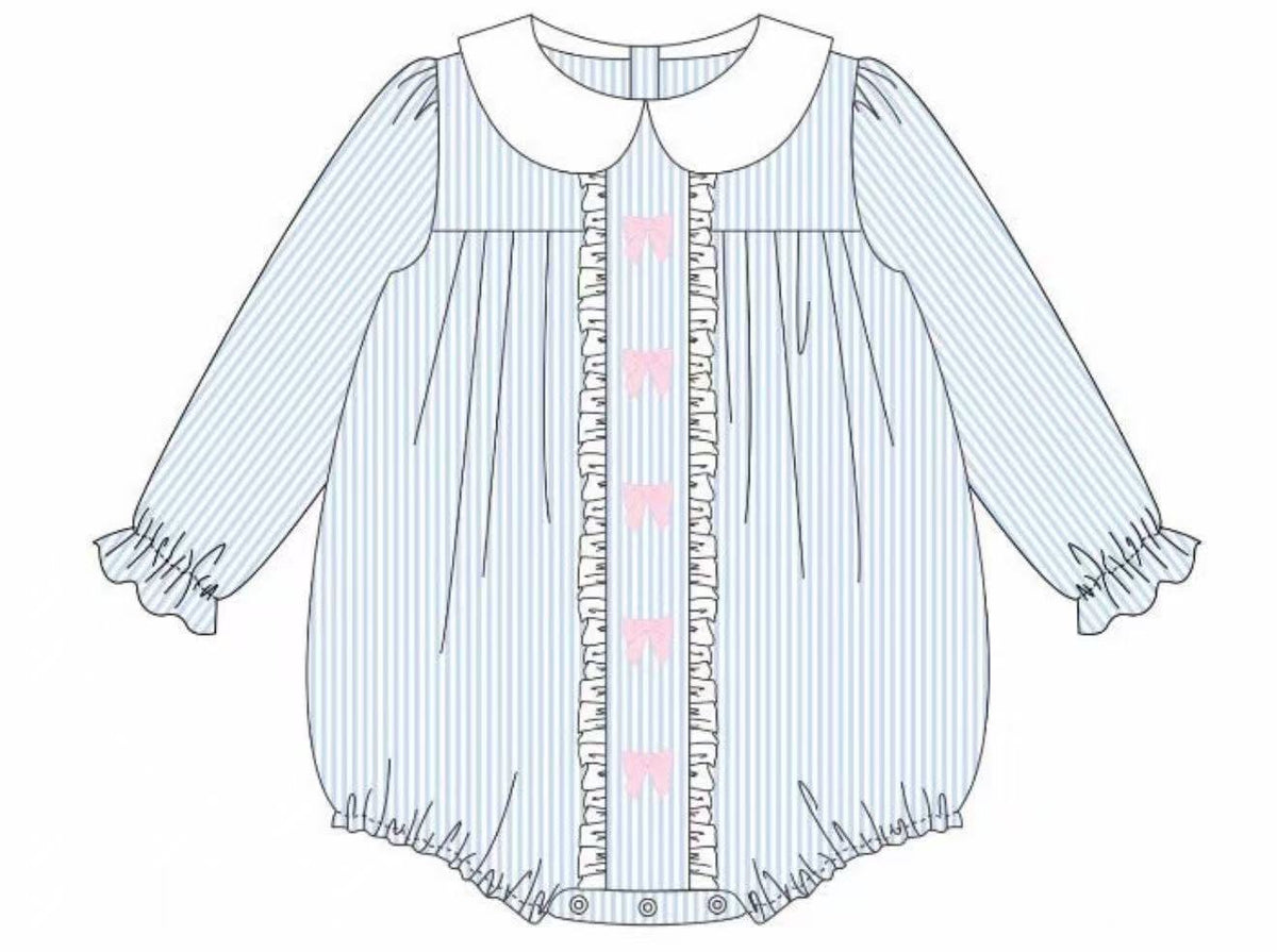 preorder LR2726 pink bows blue striped long sleeve girls romper