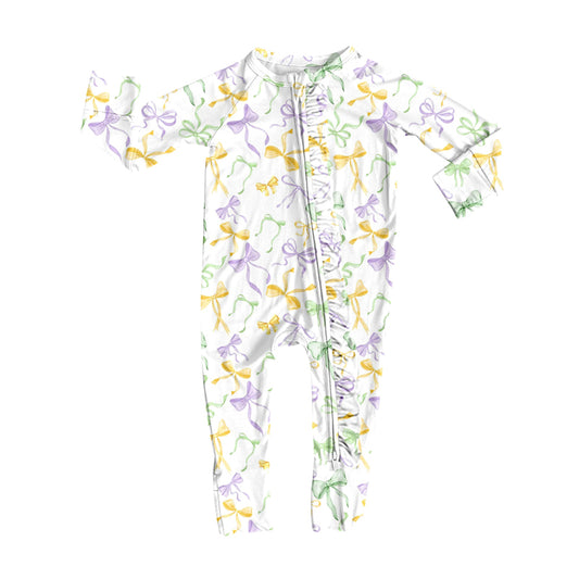 preorder LR2736 Mardi Gras purple yellow green bows zipper long sleeve girls romper