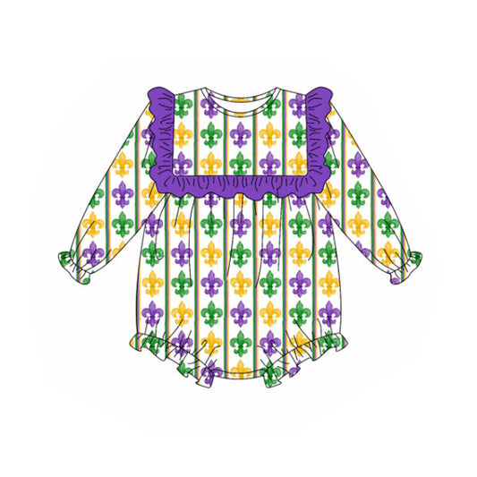 preorder LR2737 Mardi Gras purple green yellow ruffles long sleeve girls romper