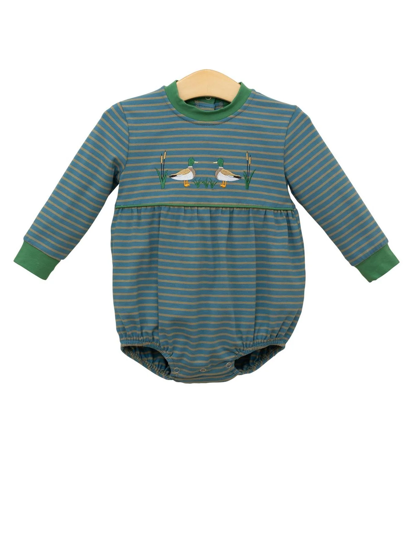 preorder LR2739 hunting mallard duck dark green striped long sleeve boys romper