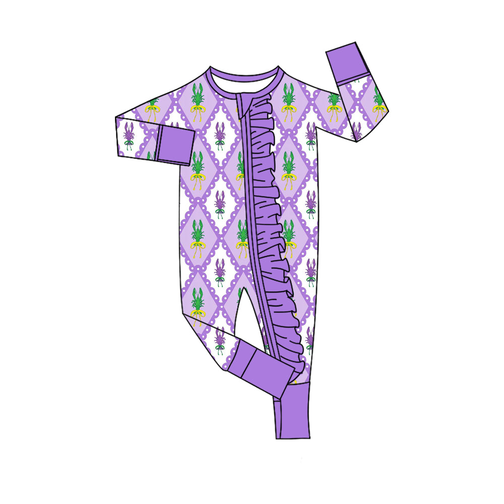 preorder LR2749 Mardi Gras crayfish purple long sleece zipper girls romper