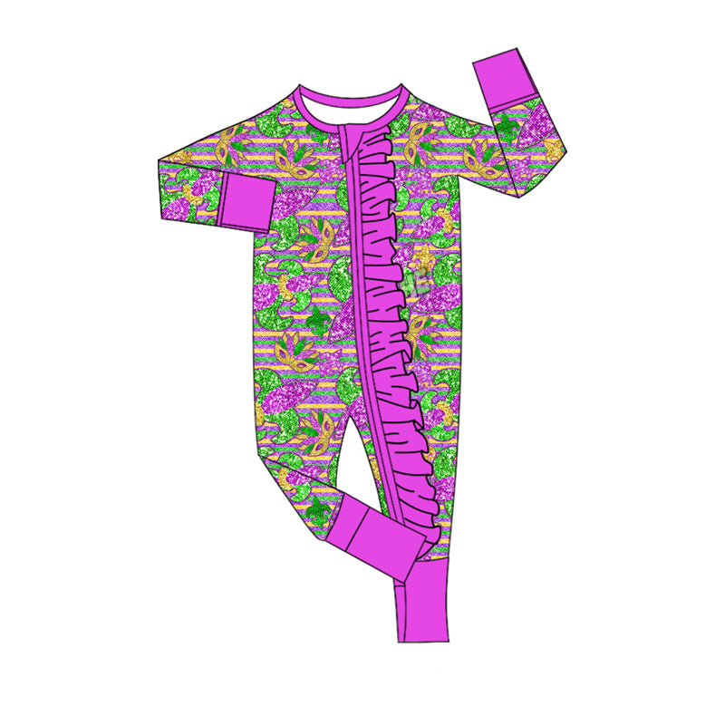 preorder LR2753 Mardi Gras yellow green purple long sleeve zipper girls romper