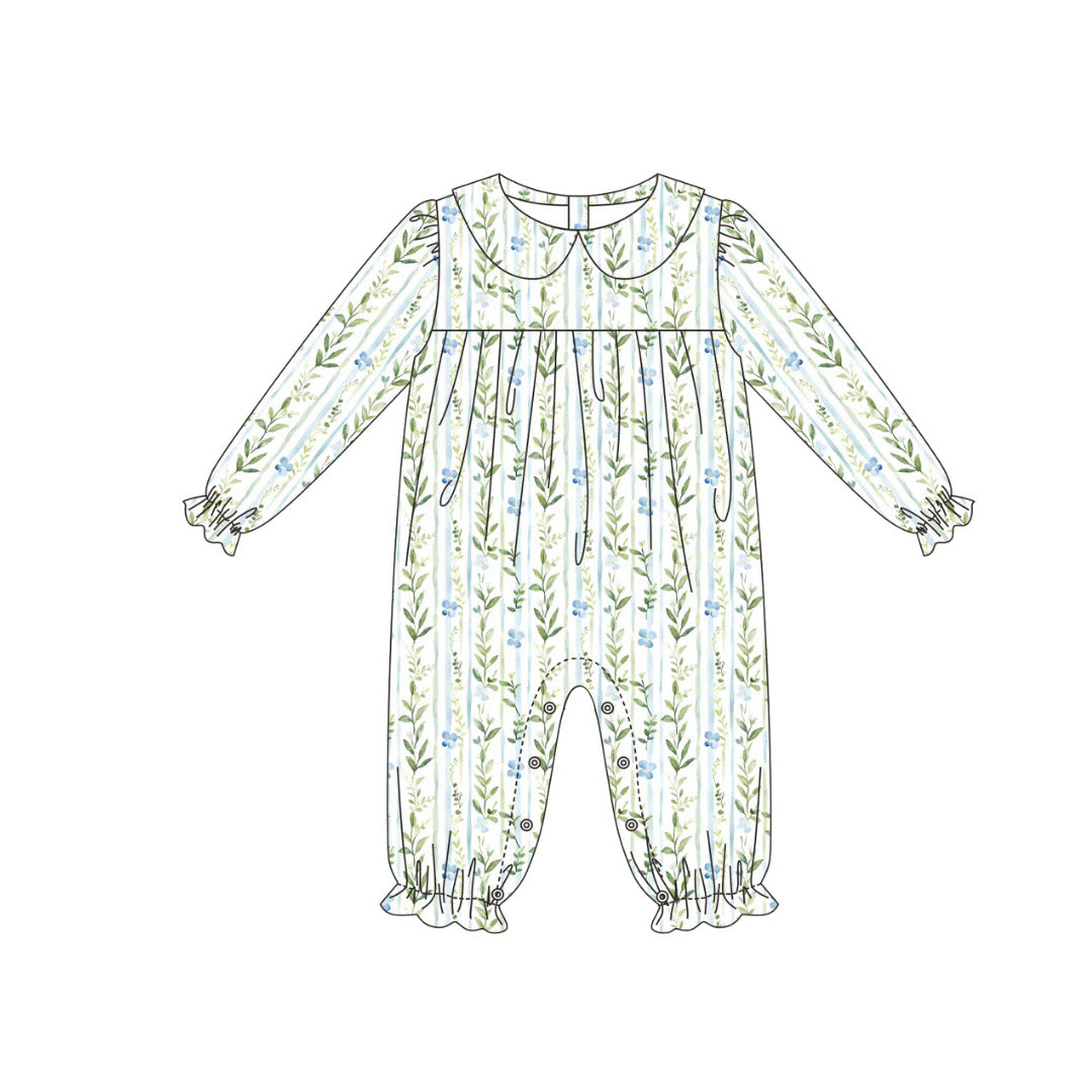 preorder LR2755 blue flowers green long sleeve girls romper