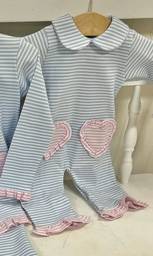 preorder LR2759 Valentine'Day pink heart blue striped long sleeve girls romper