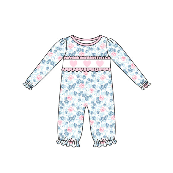 preorder LR2764 Valentine's Day pink heart blue flowers long sleeve girls romper