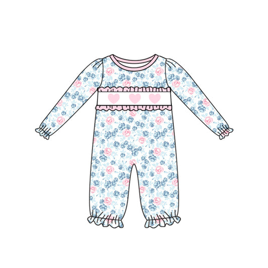 preorder LR2764 Valentine's Day pink heart blue flowers long sleeve girls romper