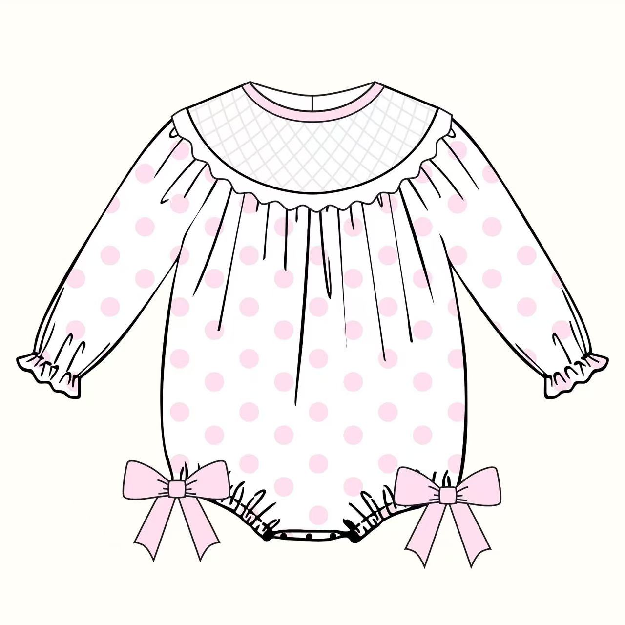 preorder LR2772 pink dot bows long sleeve girls romper