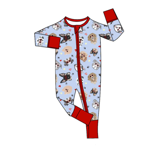preorder LR2779 Valentine Day dog heart blue long sleeve zipper boys romper