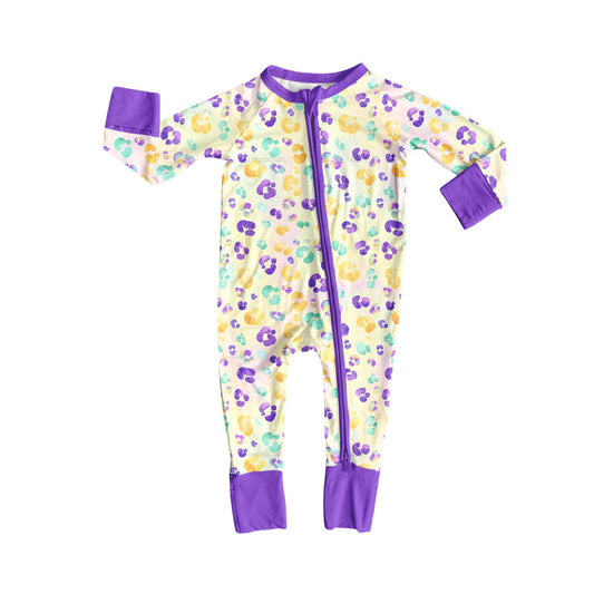preorder LR2782 Mardi Gras yellow green purple leoaprd long sleeve zipper girls romper
