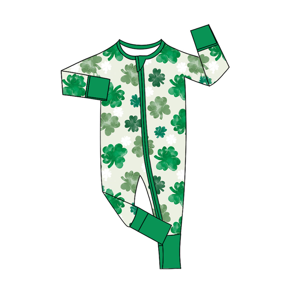 preorder LR2787 St Patrick clover green zipper long sleeve girls romper