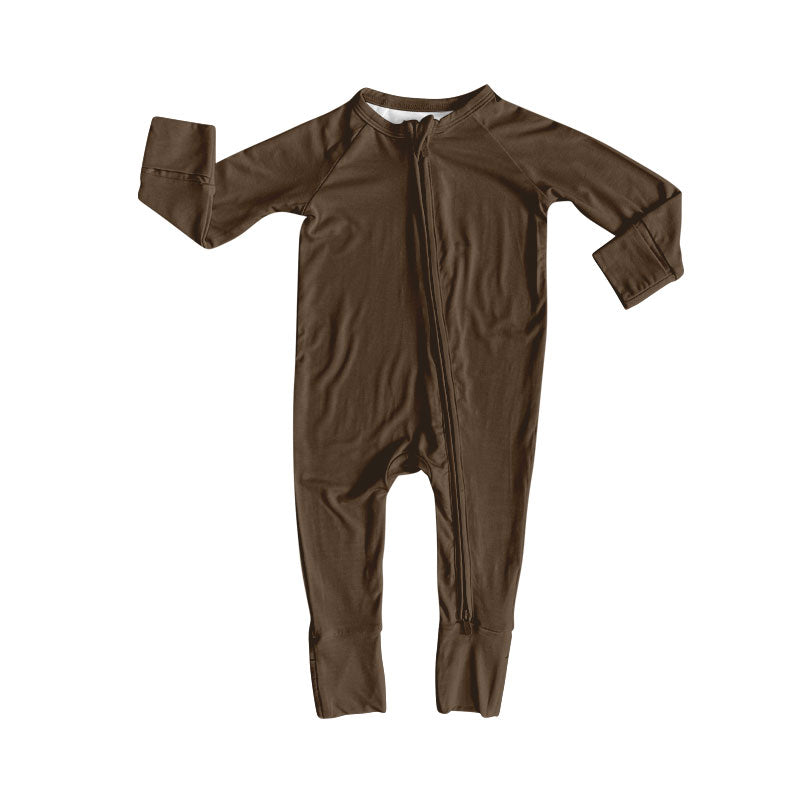 preorder LR2803 solid color brown zipper long sleeve girls romper
