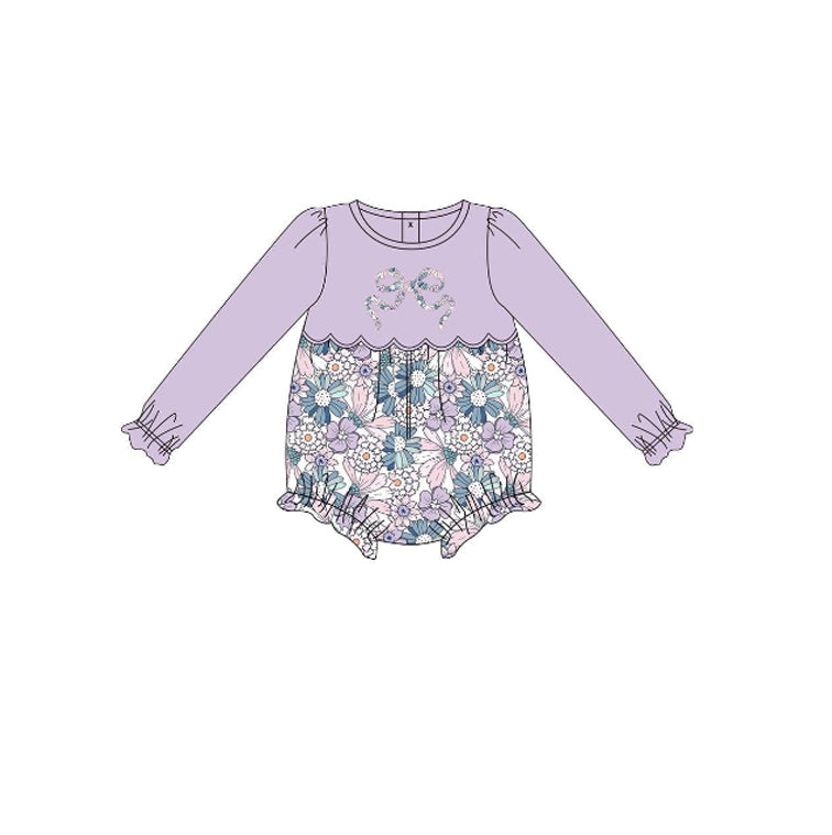 preorder LR2806 flowers purple bows long sleeve girls romper