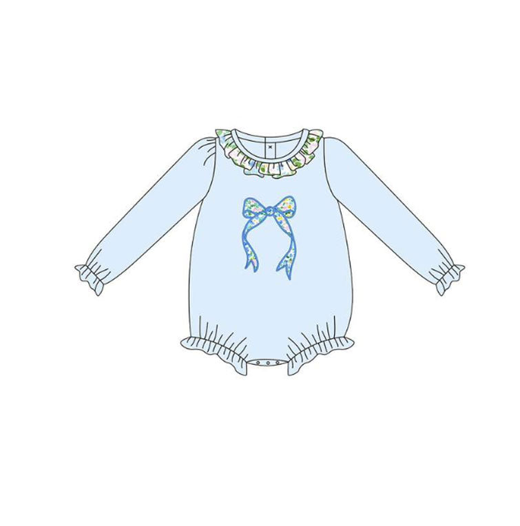 preorder LR2807 flowers blue bows long sleeve girls romper