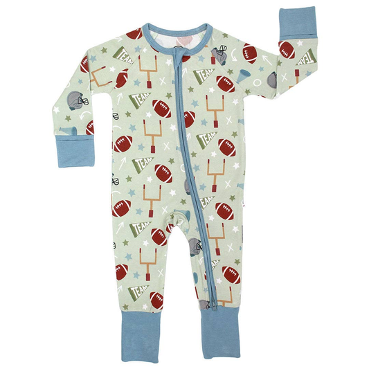 preorder LR2834 football cheer blue zipper long sleeve boys romper