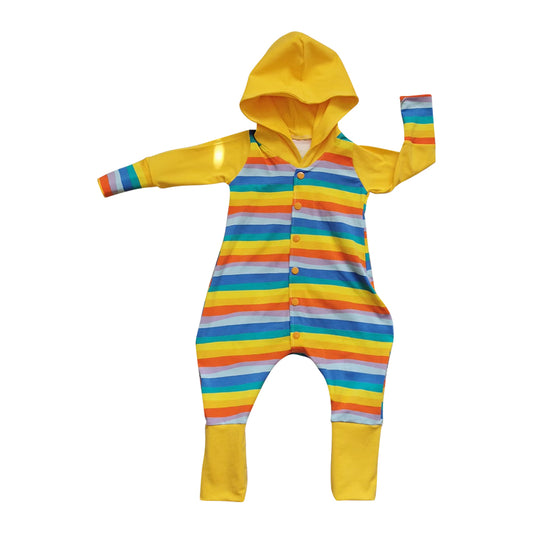 preorder LR2838 rainbow striped yellow hoodie long sleeve boys romper